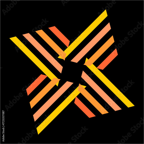 Four blazing arms of orange, red, and yellow stripes twist in dynamic symmetry, forming a vibrant pinwheel of motion, warmth, and energy.