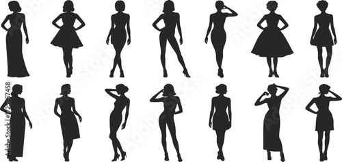 Fashion silhouettes, women in dresses, style icons, runway poses, couture design, elegant figures, lifestyle art, clothing outline, vector illustration