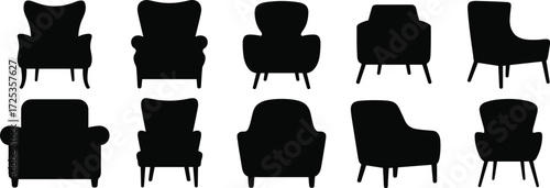 Armchair silhouettes, furniture icons, chair designs, interior decor, seating shapes, home lifestyle, modern outline, living room art, vector illustration