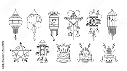 Collection of traditional chinese lanterns in detailed line art style vector