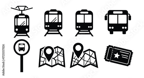 Transportation Icons set - Bus, Train, Tram, Maps and Ticket
