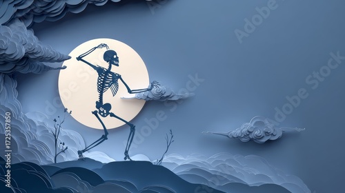 Paper Cut Skeleton Dancing under Moonlight, Playful and Eerie