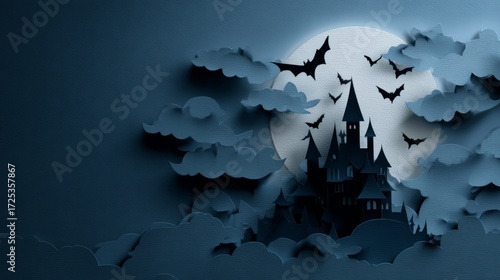 Paper Cut Bats Flying over Gothic Castle in Moonlight