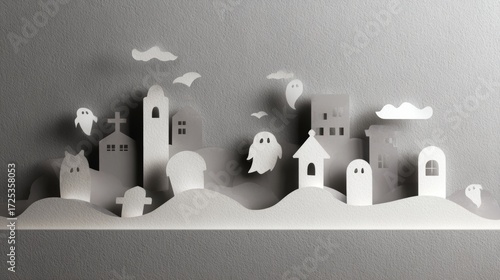 Paper Cut Spooky Graveyard with Ghosts and Tombstones