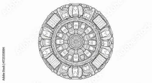 Intricate Coloring Book Mandala of Books and Jars