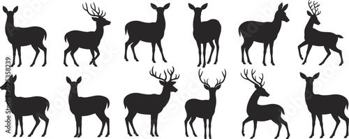 Deer silhouettes, stag icons, forest animals, antler shapes, doe outlines, wildlife design, woodland art, hunting symbol, nature vector, illustration