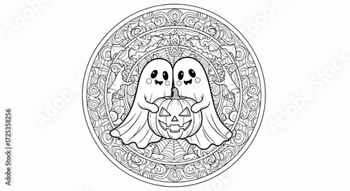 Cute Halloween Ghosts With Pumpkin Line Art Mandala