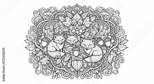 Ornate Foxes and Autumn Leaves Coloring Book Design