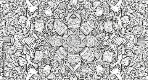 Intricate Line Art Mandala With Tea Cups and Leaves