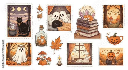 Cute Vintage Halloween Autumn Magic Sticker Elements