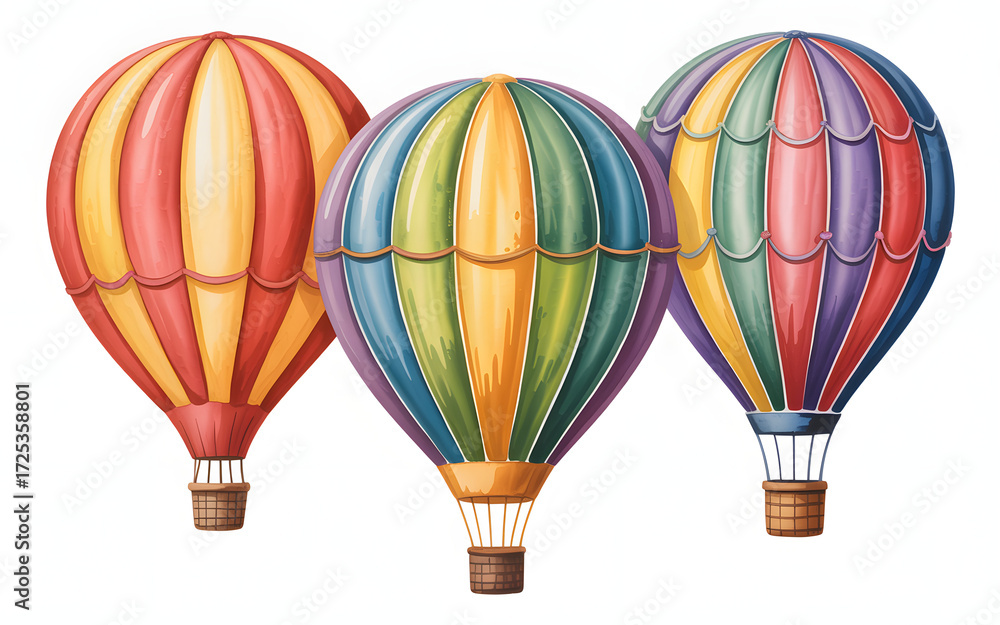 Obraz premium Hot Air Balloon Trio Watercolor Painting A Whimsical Set of Colorful Balloons Floating Against a White Background Perfect for Travel Themes