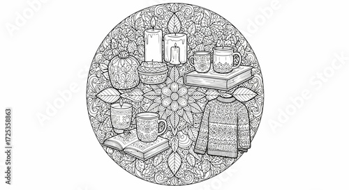 Cozy Hygge Mandala Detailed Coloring Book Illustration