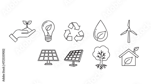 Hand drawn eco friendly icons representing sustainability and renewable energy sources vector