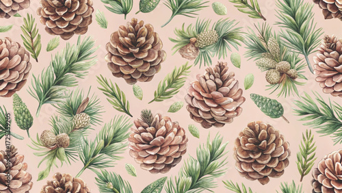 pine cone illustration in watercolor style, seamless pattern background 