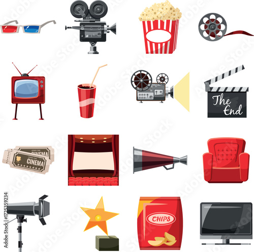 Cinema icons set in cartoon style