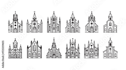 Collection of ten elaborate gothic revival church architecture line drawings vector