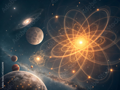 Glowing atom model orbiting planets and galaxy in space artwork