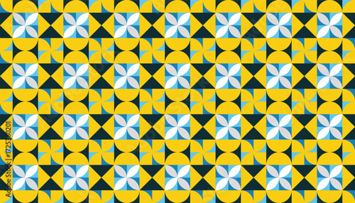 Yellow and Blue Seamless Geometric Pinwheel Pattern – Modern Abstract Background. A seamless geometric pattern in yellow, blue, and black.
