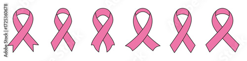 Cancer ribbons set pink color with stroke breast cancer support and charity symbols vector illustration.