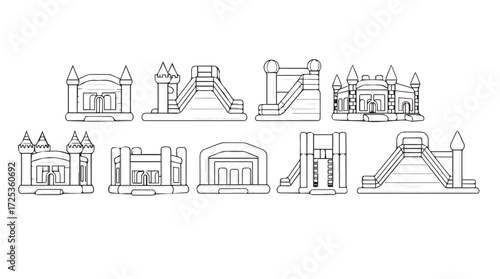 Set of outline cartoon castle bounce house inflatable toy designs for kids fun playtime vector