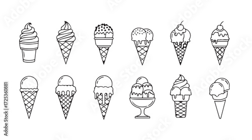Collection of hand drawn ice cream cones and scoops sketchy doodle style vector
