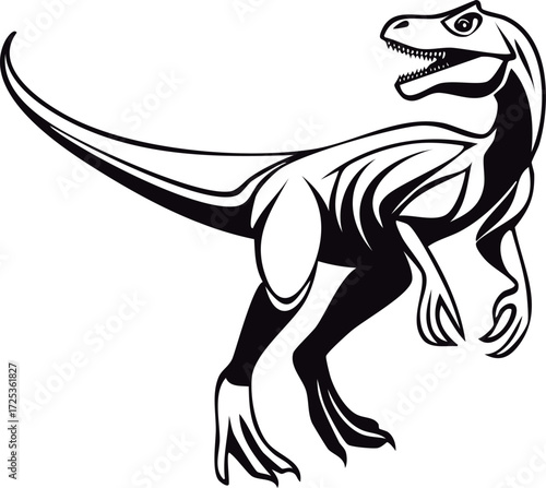 Velociraptor Aggressive Dinosaur Black and White Vector Illustration