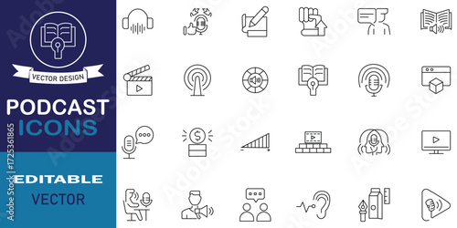 Podcast icon set in line style. Containing microphone, radio, webcast, talk, sound, video and audio book symbol. Editable line icons. Vector illustration.