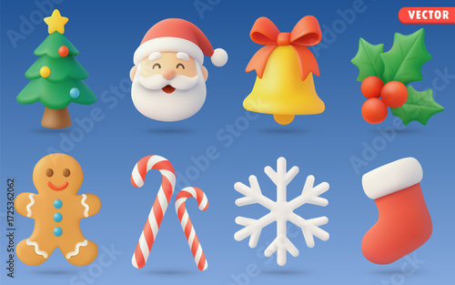 Christmas 3D Vector Icon Set: christmas tree,santa claus,bell,holly leaf,gingerbread,candy cane,snowflake,stocking