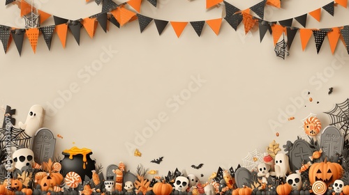 Spooktacular Halloween decor featuring pumpkins, skeletons, and banners, perfect for festive celebrations and seasonal events.