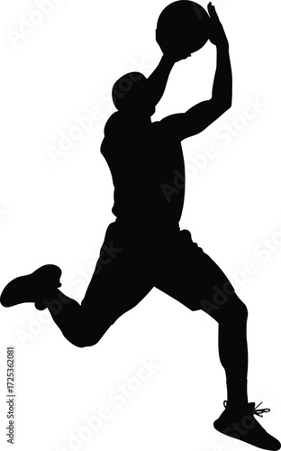 Silhouette basketball player dunking, athlete jumping with ball, sports action vector, dynamic slam dunk illustration, athletic motion artwork, professional basketball concept design