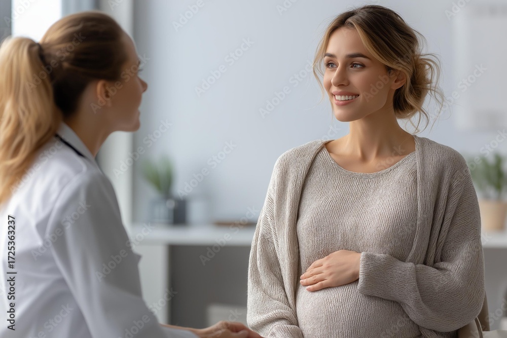 Obraz premium Pregnant woman consulting with a doctor, sharing smiles and positive vibes in a modern clinic setting.
