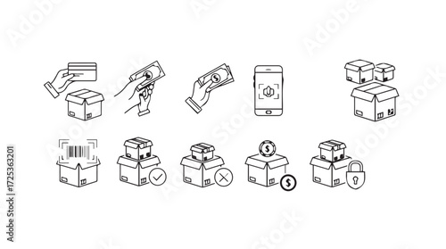 Hand drawn icons representing delivery shipping packaging gifts mobile payments and online shopping logistics vector