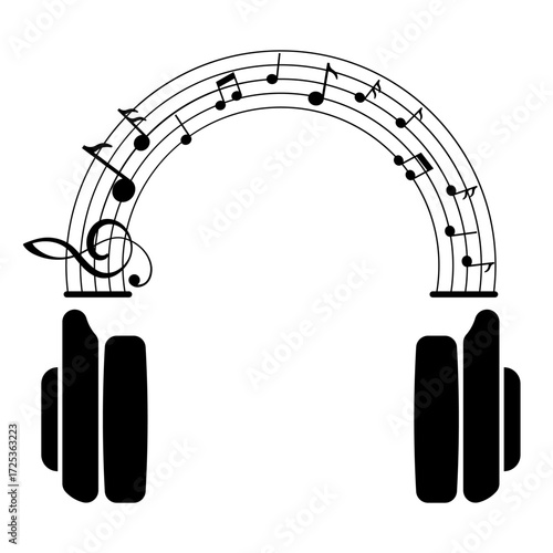 Headphones with Musical Notes Vector Illustration. A pair of headphones with a musical staff forming an arch above, decorated with various music notes and a treble clef.