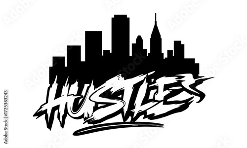Dynamic vector graphic of a city skyline combined with bold, sweeping street art lettering