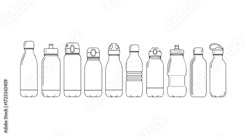 Collection of sketchy outline water bottles and reusable drink containers variety. vector