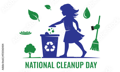 Girl participating in national cleanup day with recycling bin