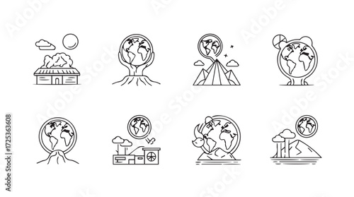 Conceptual line art icons depicting environmental concerns and global issues in hand drawn style vector