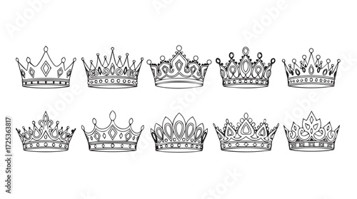 Collection of intricate hand-drawn royal crowns and tiaras for royalty and luxury themes vector