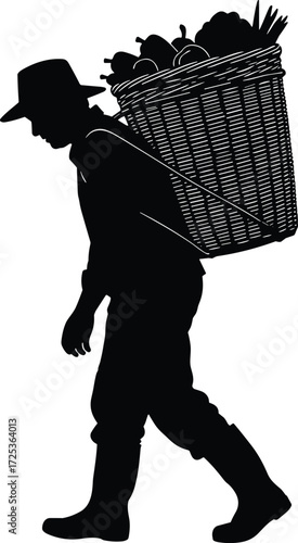 Silhouette farmer carrying basket of vegetables, agriculture worker walking with harvest, traditional farming illustration, rural lifestyle vector art, food production concept