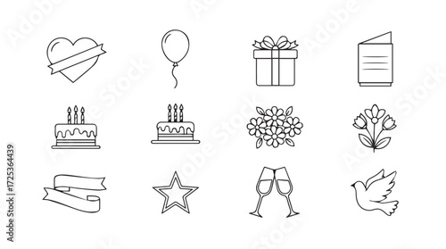 Hand drawn party celebration icons set heart balloon gifts cake flowers star champagne toast anniversary vector