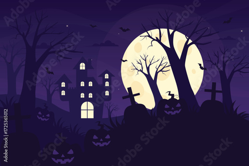 Spooky Halloween Scene with Haunted Castle and Graveyard