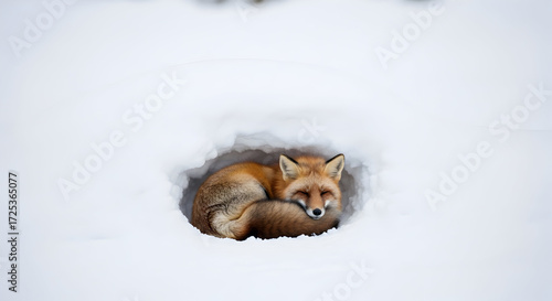 Red Fox Sleeping in Snow Den