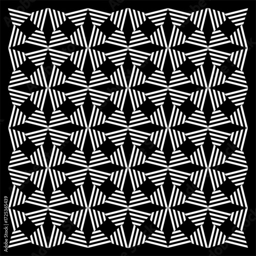 Black and white striped triangles weave into mesmerizing star-like forms, creating rhythmic illusions of depth, geometry, balance, and infinite interconnected motion.