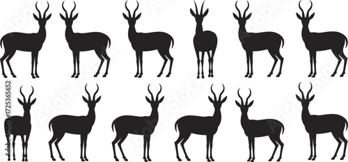 Antelope silhouettes, wildlife icons, African animals, horned mammals, safari design, nature outline, grazing species, wild fauna, savanna life, vector illustration