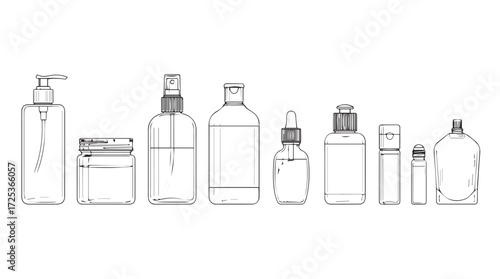 Collection of skincare bottles and jars line art product packaging mockup vector