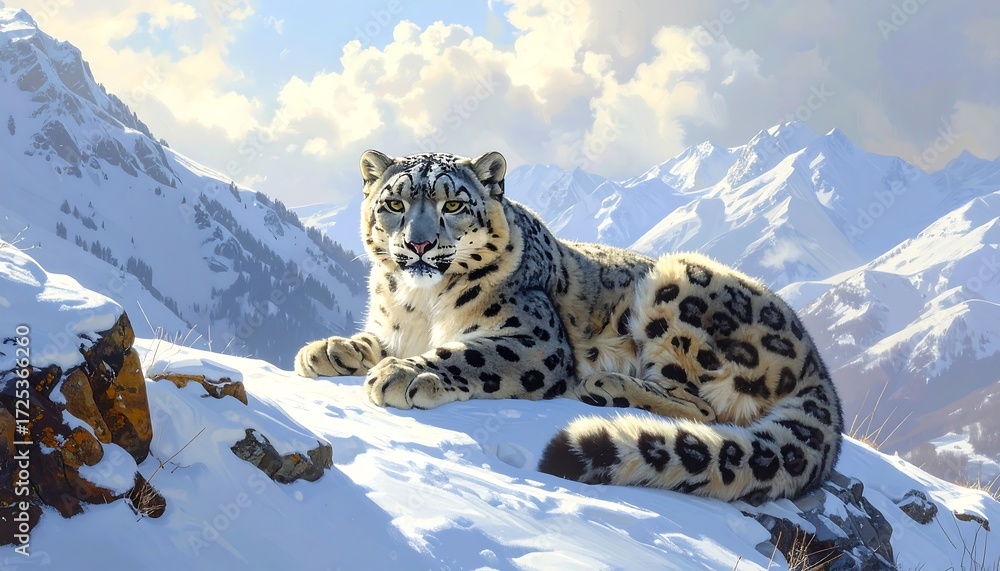 Fototapeta premium Snow leopard rests on snow