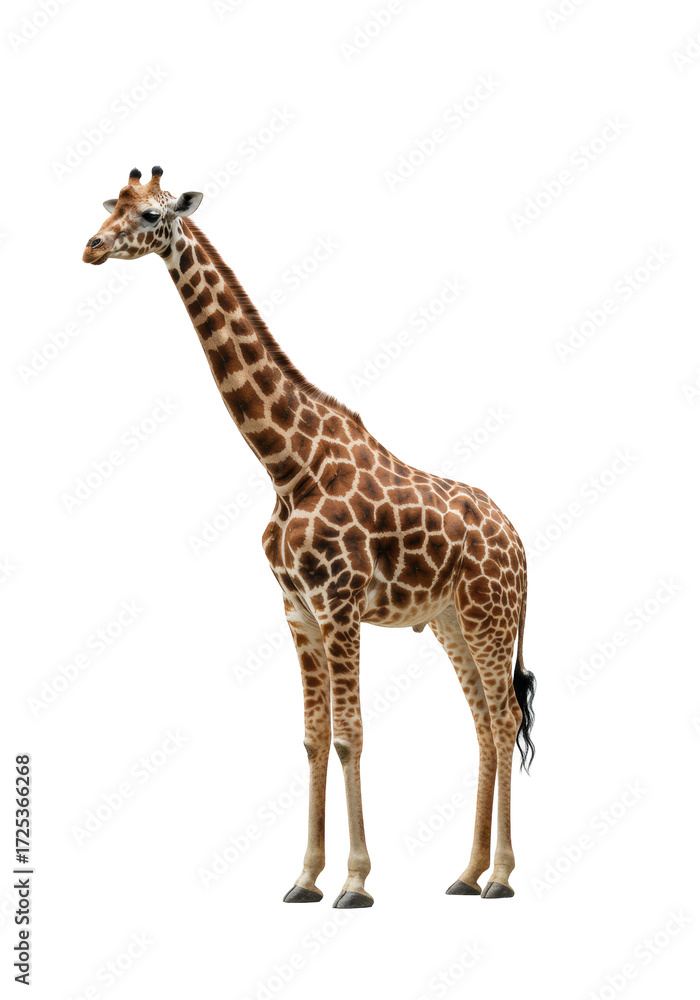Naklejka premium Adult giraffe, full body, majestic and elegant, brown spotted coat, slender legs, isolated on pure transparent background with river stone, high-key studio light, concept of animal majesty and grace
