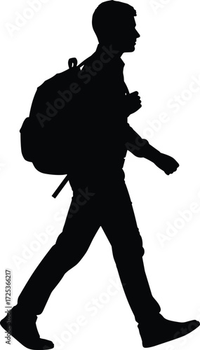 Silhouette person walking with backpack, traveler vector illustration, hiking journey artwork, outdoor lifestyle concept, pedestrian motion design, simple walking figure graphic