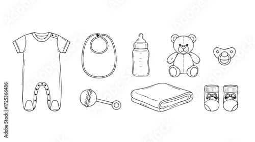 Collection of hand-drawn baby items including onesie bib bottle bear rattle diaper and booties vector