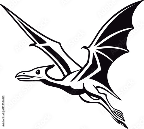 Pterodactyl Flying Dinosaur Black and White Vector Illustration